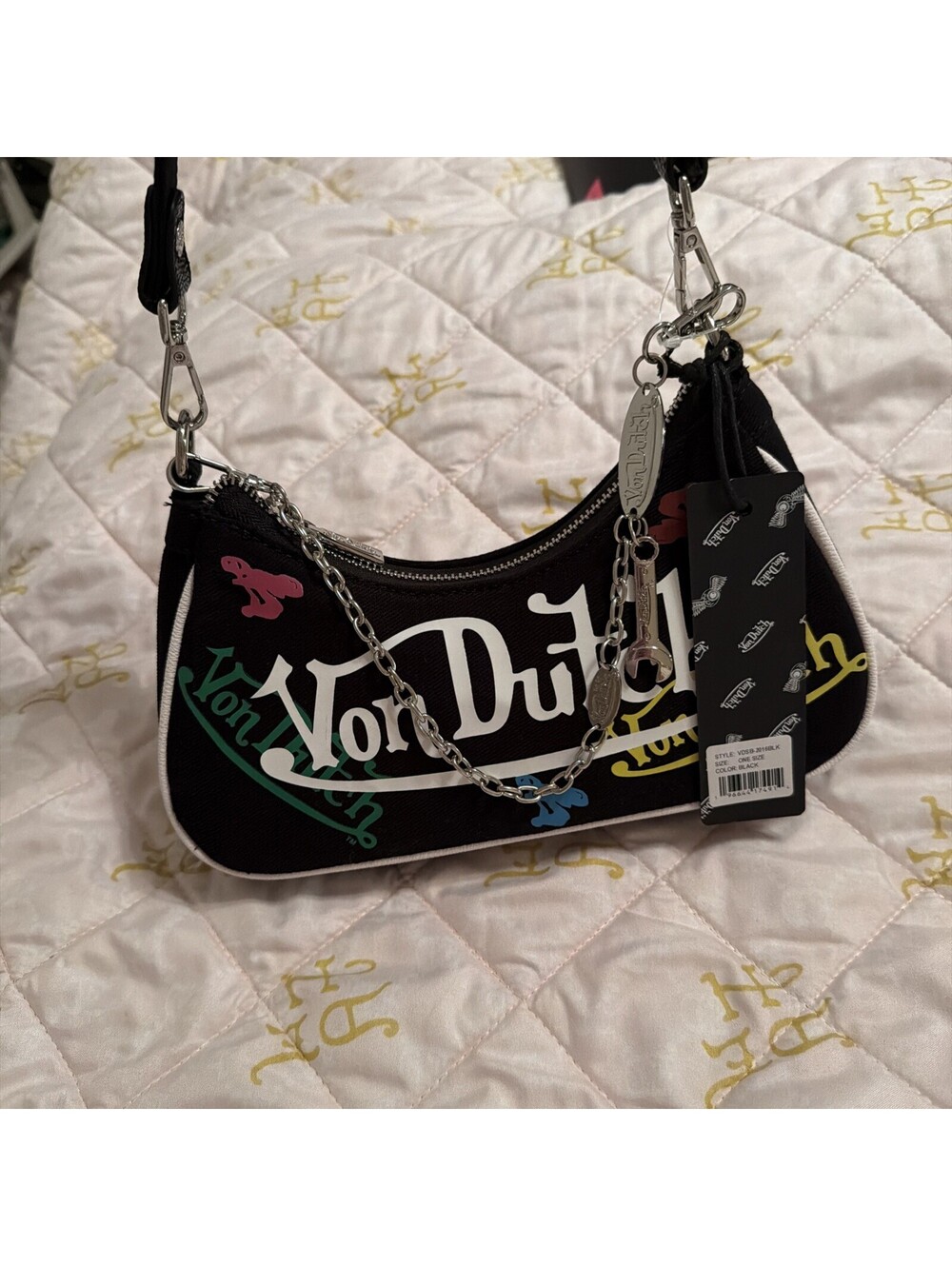 Von Dutch Black Denim Multi Logo Shoulder Bag NWT